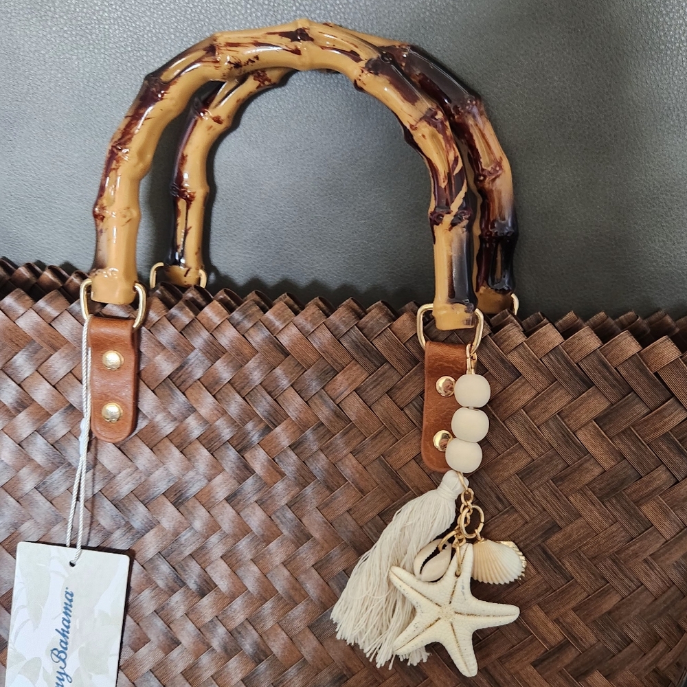 Tommy Bahama Brown Woven Tote with Bamboo-Style Handles and Tassel Charm - Picture 3 of 5